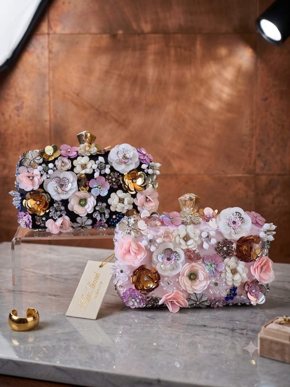 Choice of bebe Embellished Floral Clutch Bag - Pink or Black NWT - Picture 1 of 15